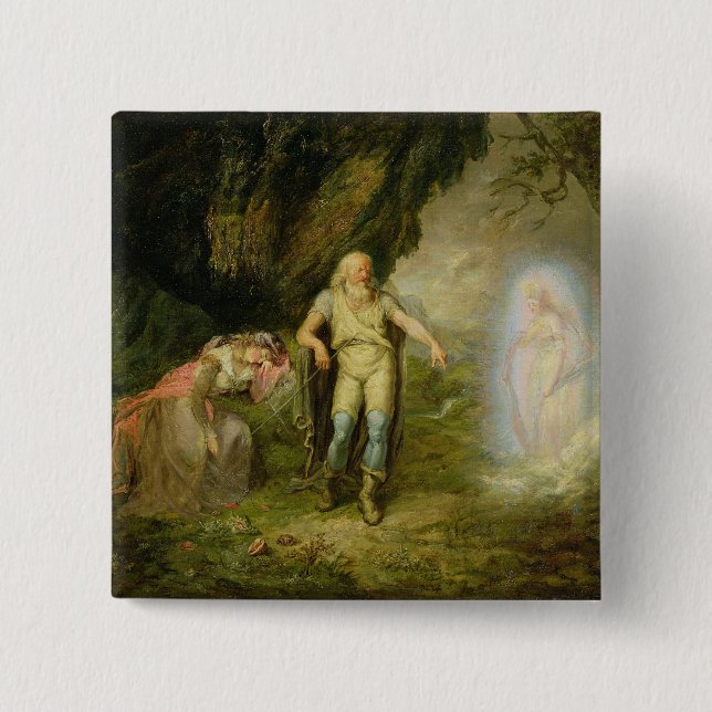Bóton Quadrado 5.08cm Miranda, Prospero e Ariel, "da tempestade" perto (Frente)