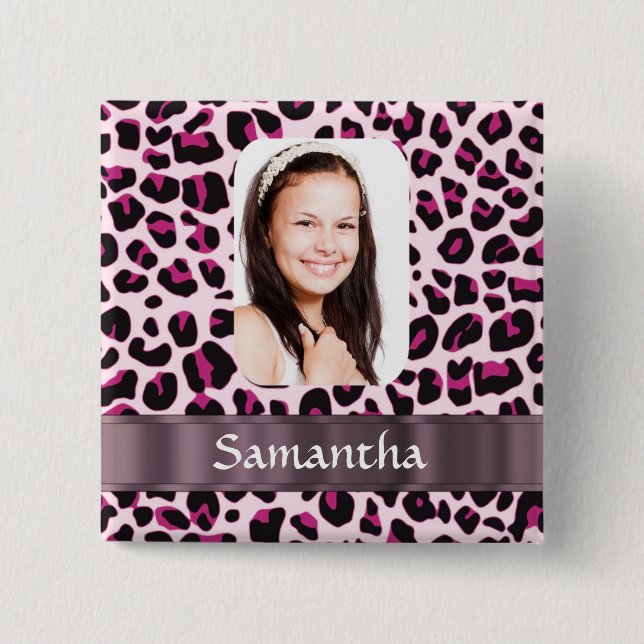 Bóton Quadrado 5.08cm Modelo de fotografia de leopardo rosa (Frente)