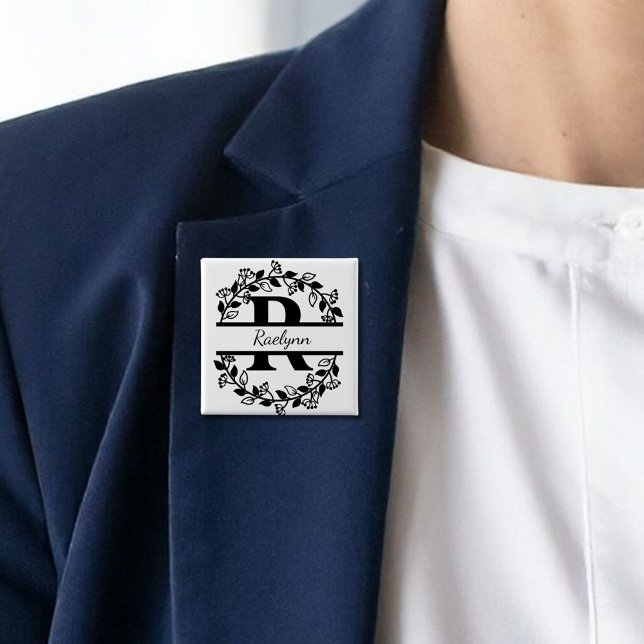 Bóton Quadrado 5.08cm Modern Black Floral Wreath Split Monogram "R" (Criador carregado)