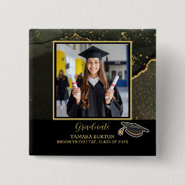 Bóton Quadrado 5.08cm Modern Elegant Black and Gold Graduation photo