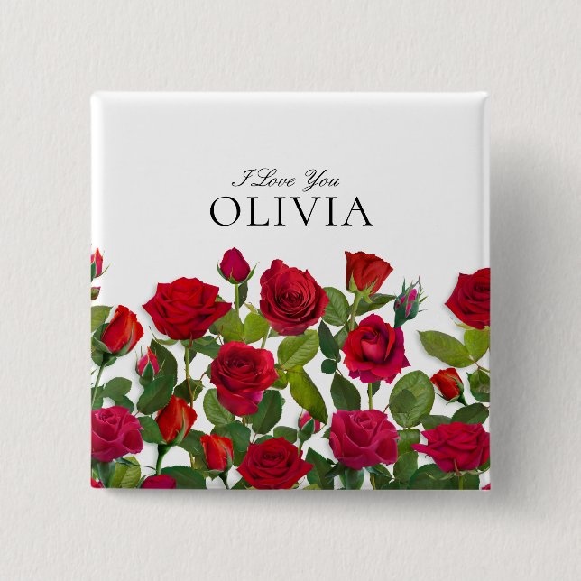Bóton Quadrado 5.08cm Modern Red Rose Minimalist Name I Love You (Frente)