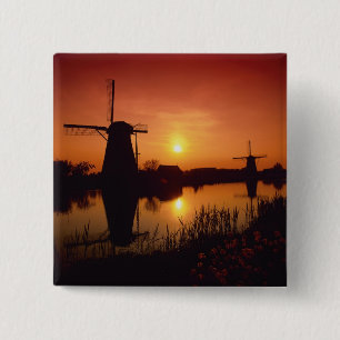 Bóton Quadrado 5.08cm Moinhos de vento ao pôr do sol, Kinderdijk, Holand