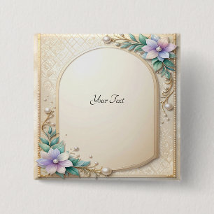 Bóton Quadrado 5.08cm Moldura Floral Decorativa com Botão de Pérolas