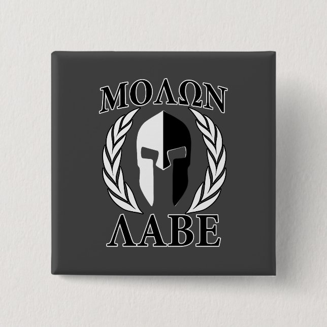 Bóton Quadrado 5.08cm Molon Labe Spartan Mask Laurels Monocromo (Frente)