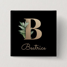 Bóton Quadrado 5.08cm Monograma Botânico Elegante Botão Letra B Dourada