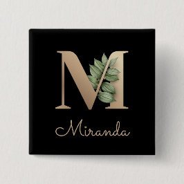 Bóton Quadrado 5.08cm Monograma Botânico Elegante Botão Letra M Dourada