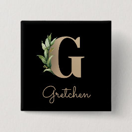 Bóton Quadrado 5.08cm Monograma Botânico Elegante - Letra G Dourada