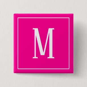 Bóton Quadrado 5.08cm Monograma Branco no Botão Quente Rosa Quadrado