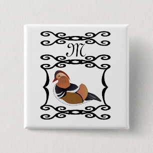 Bóton Quadrado 5.08cm Monograma de Cartoon de Pato Mandarim Adorável