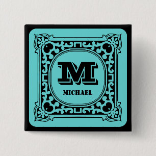 Bóton Quadrado 5.08cm Monograma do alfabeto decorativo verde da vindima