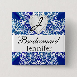 Bóton Quadrado 5.08cm Monograma do Partido Bridal Royal Blue Satin Desig