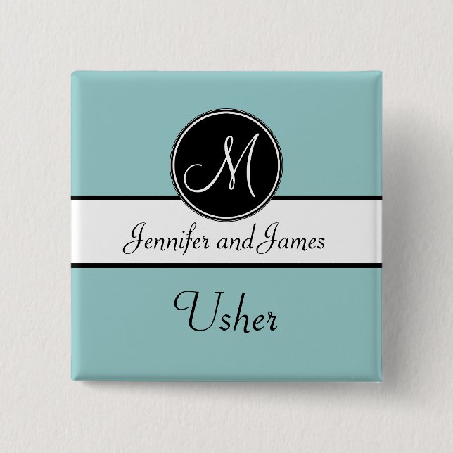 Bóton Quadrado 5.08cm Monograma do preto azul que Wedding o botão de (Frente)