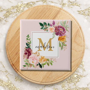Bóton Quadrado 5.08cm Monograma Rosa Floral Botânica Elegante em Aquarel