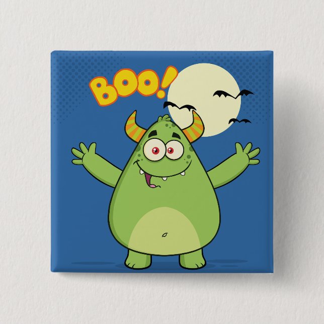 Bóton Quadrado 5.08cm Monstro Verde Fofo de Halloween Boo (Frente)