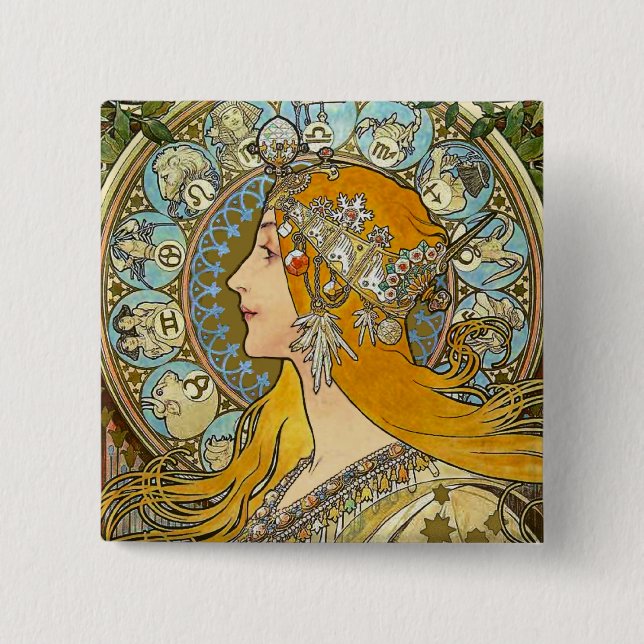 Bóton Quadrado 5.08cm Mucha Art Nouveau Button - Zodiac - La Plume (Frente)