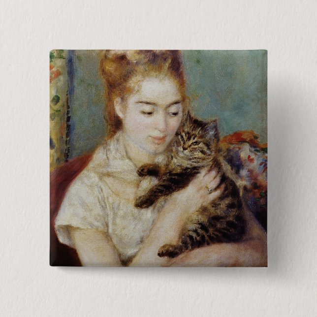 Bóton Quadrado 5.08cm Mulher com um gato por Pierre-Auguste Renoir (Frente)