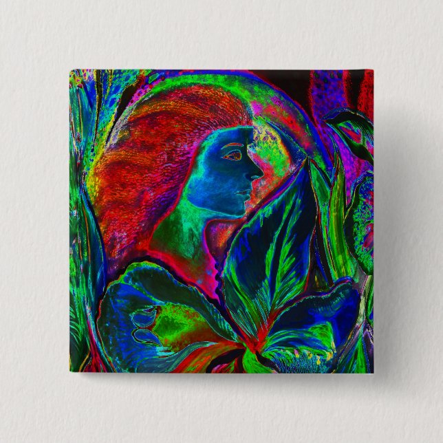 Bóton Quadrado 5.08cm Mulher e flor, cores profundas (m4sol) (Frente)