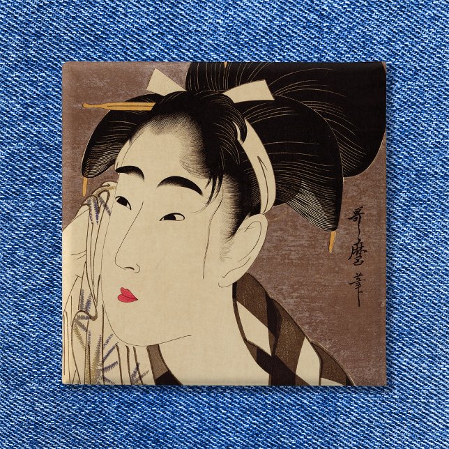 Bóton Quadrado 5.08cm Mulher Esfregando Suor Arte Vintage (Woman Wiping Sweat Pinback Button)
