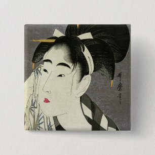 Bóton Quadrado 5.08cm Mulher Esfregando Suor Utamaro Bela Arte Japonesa
