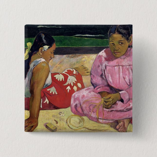 Bóton Quadrado 5.08cm Mulheres de Paul Gauguin | de Tahiti, na praia, (Frente)