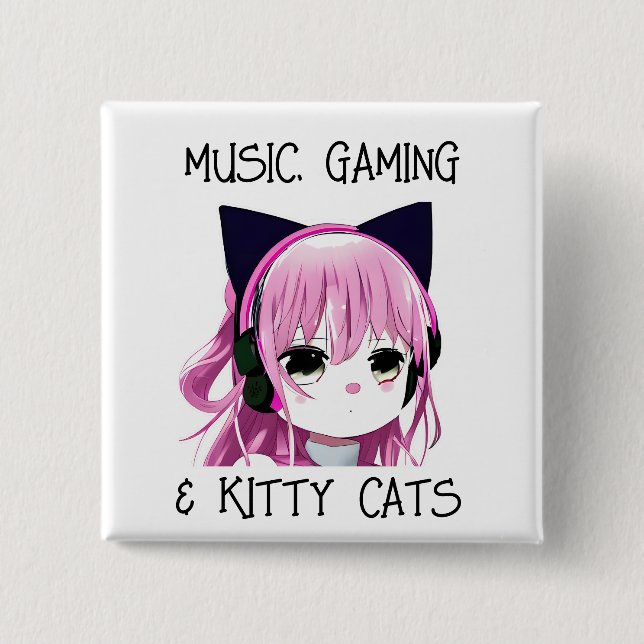Bóton Quadrado 5.08cm Música Gaming e Kitty Cat Anime Girl (Frente)