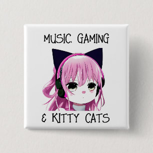 Bóton Quadrado 5.08cm Música Gaming e Kitty Cat Anime Girl