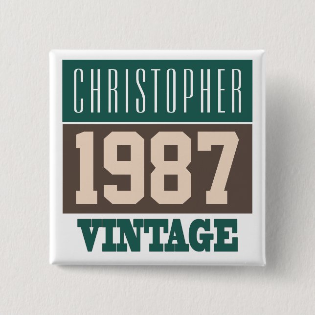 Bóton Quadrado 5.08cm Nascer em 1987, presente personalizado (Frente)