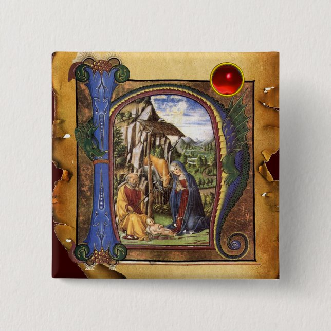 Bóton Quadrado 5.08cm NATIVITY PARCHMENT Red Ruby Monograma (Frente)