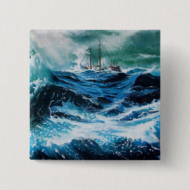 Bóton Quadrado 5.08cm Navio no mar em tempestade (Frente)