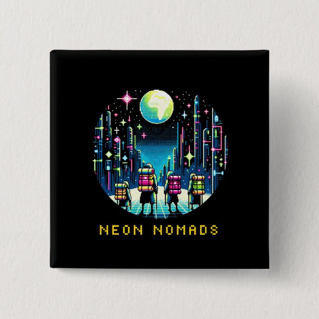 Bóton Quadrado 5.08cm Neon Nomads - Cyberpunk Pixel Art Viagem (Frente)