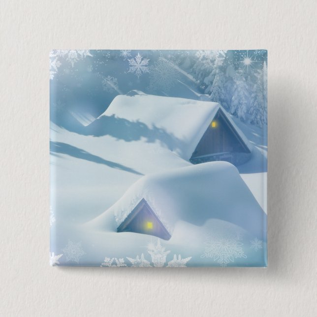 Bóton Quadrado 5.08cm Neve derramada no telhado de uma floresta (Frente)