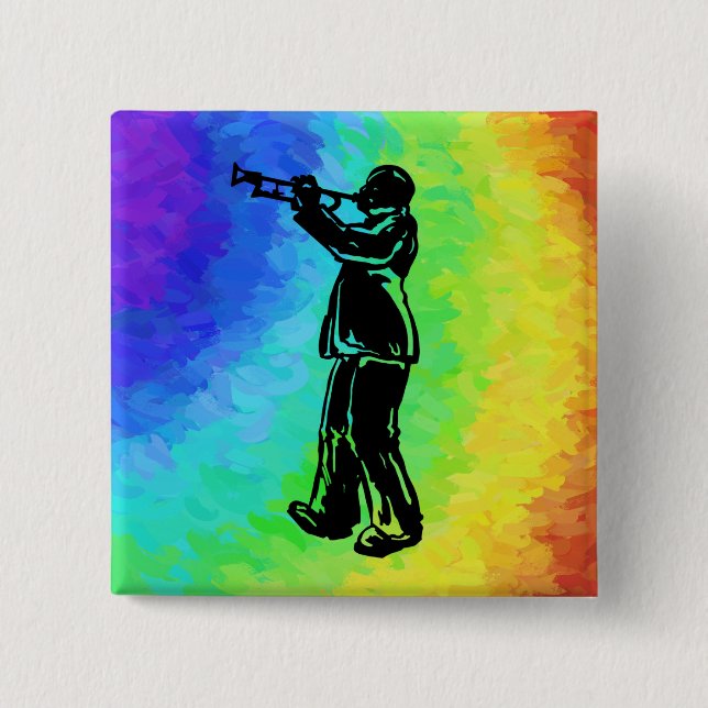 Bóton Quadrado 5.08cm New York Boogie Nights Trumpet Rainbow (Frente)