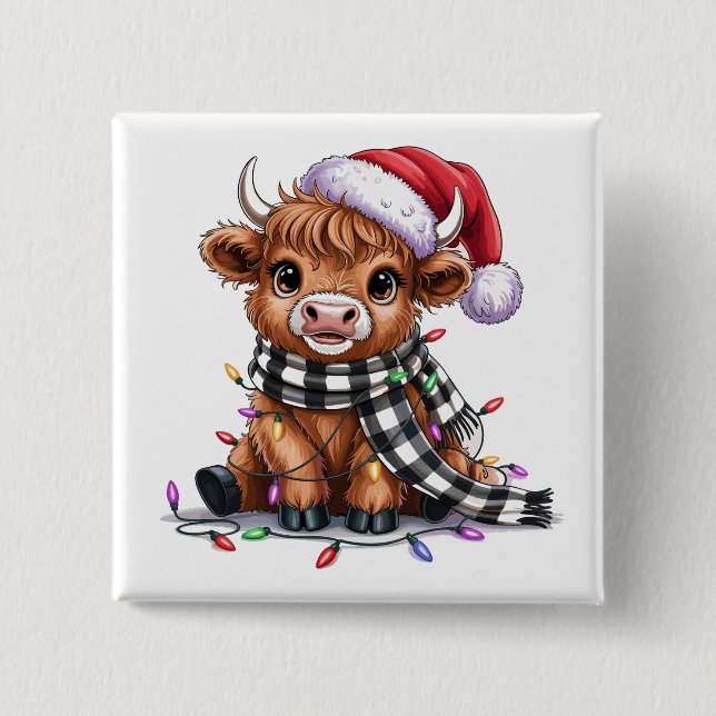 Bóton Quadrado 5.08cm No Natal Lights Highland Cow Santa Hat (Frente)