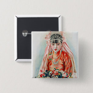 Bóton Quadrado 5.08cm Noiva de Vermelho em Casamento Chinês em Xangai