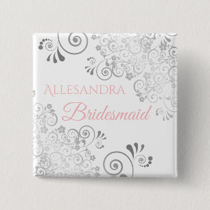Bóton Quadrado 5.08cm Nome de etiqueta de Bridesmaid de Casamento Rosa e