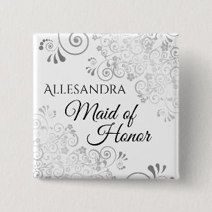 Bóton Quadrado 5.08cm Nome de etiqueta de Casamento Curls de Lacy Silver