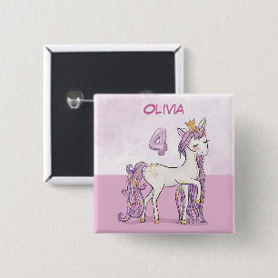 Bóton Quadrado 5.08cm Nome Personalizado 4.º Cavalo Rosa de Aniversário 