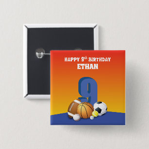Bóton Quadrado 5.08cm Nome Personalizado 9. º Aniversário de Esportes