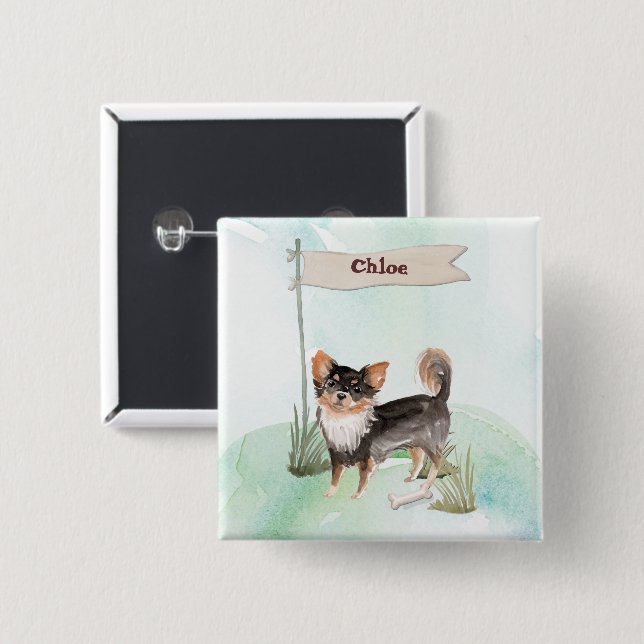 Bóton Quadrado 5.08cm Nome Personalizado Cão-Pet Chihuahua de Longa Cabe (Frente & Verso)