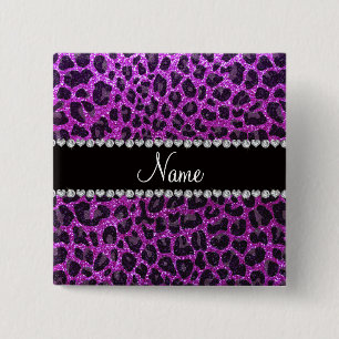 Bóton Quadrado 5.08cm Nome personalizado néon roxo gliter impressão leop