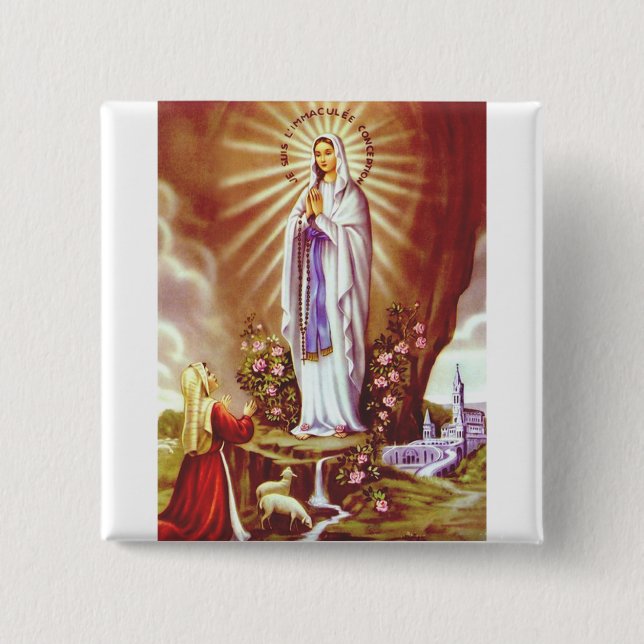 Bóton Quadrado 5.08cm Nossa Senhora de Lourdes Impressão de Arte Premium (Frente)