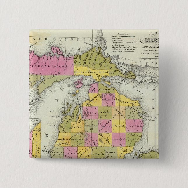 Bóton Quadrado 5.08cm Novo Mapa De Michigan 2 (Frente)