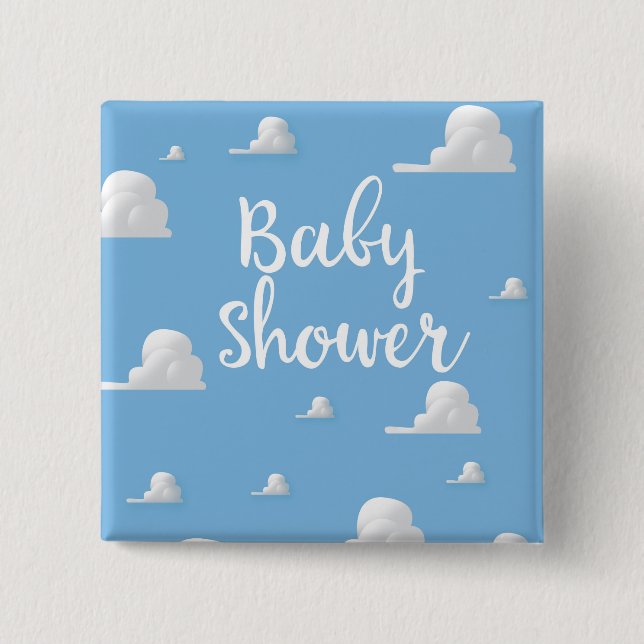 Bóton Quadrado 5.08cm Nuvens Brancas Fofas de Chuveirinho de Bebê (Frente)