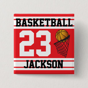 Bóton Quadrado 5.08cm O basquetebol vermelho & o branco listram o texto