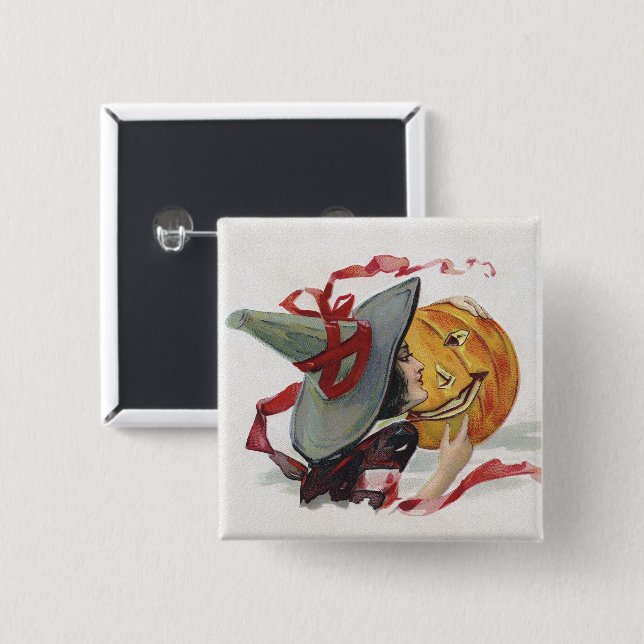 Bóton Quadrado 5.08cm O Beijo da Bruxa: Um Jack o Lanterna no Halloween (Frente & Verso)