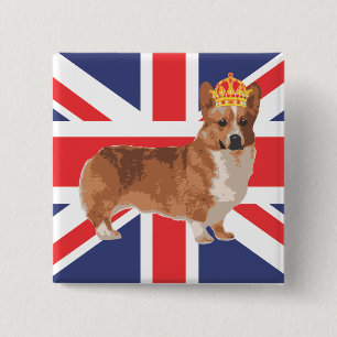 Bóton Quadrado 5.08cm O Corgi da rainha com coroa e Union Jack