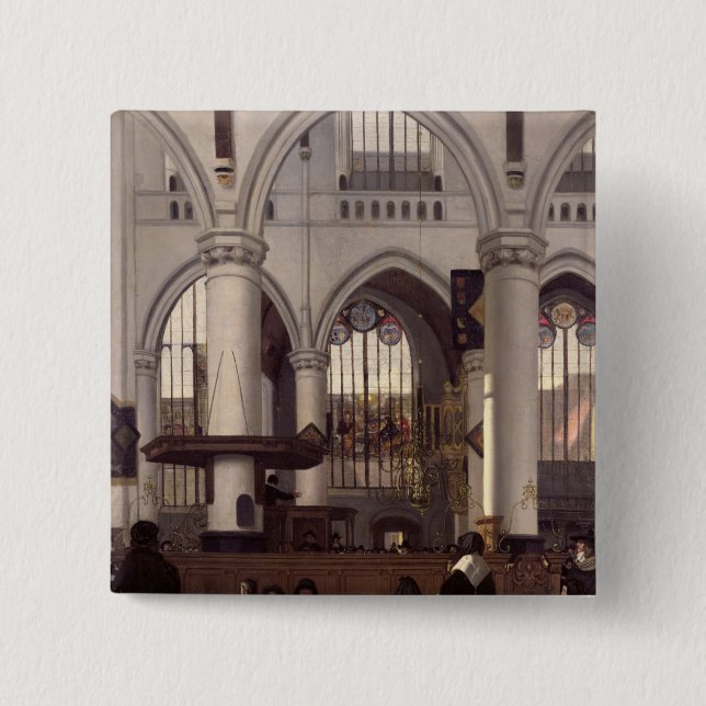 Bóton Quadrado 5.08cm O interior de Oude Kerk, Amsterdão, c.1660 (Frente)