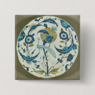 Bóton Quadrado 5.08cm O prato de Iznik pintado com um pavão