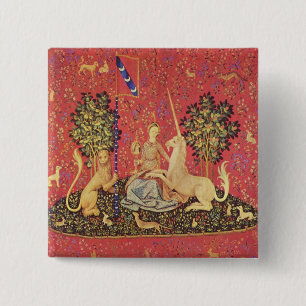 Bóton Quadrado 5.08cm O unicórnio e a imagem medieval nova da tapeçari