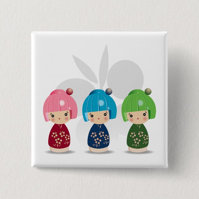 Bóton Quadrado 5.08cm Objectivas triplas wButterfly BKGD de Kokeshi (Frente)
